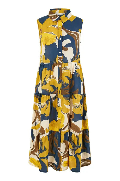 Yumi Navy Cotton Leaf Midi Sleeveless Shirt Dress