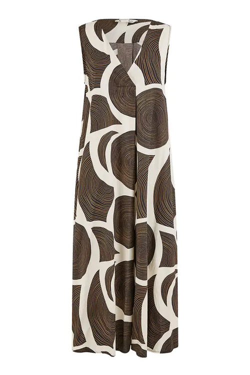 Yumi Brown Cotton Abstract Circle Trapeze Relaxed Midi Dress