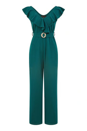 Yumi Green Jumpsuit With Gold Buckle and Frill Detail