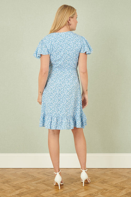 Yumi Blue Ditsy Floral Wrap Frill Dress