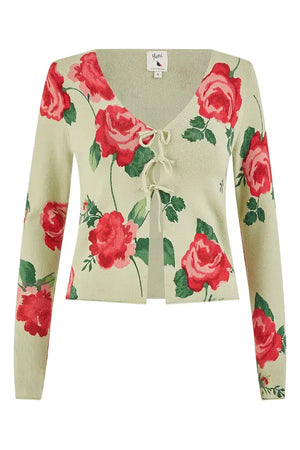 Yumi Green Rose Print Cardigan With Tie Front