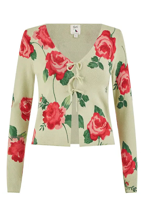 Yumi Green Rose Print Cardigan With Tie Front