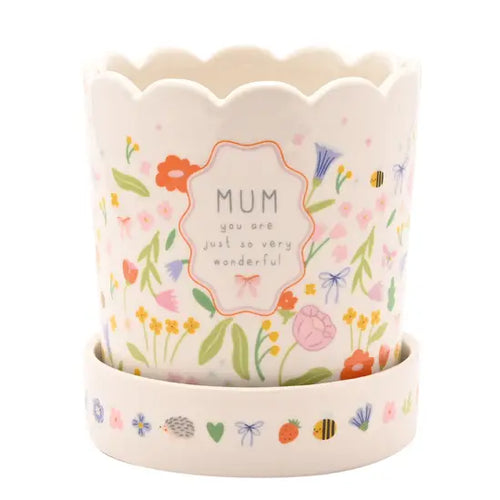 Love Life Mum Plant Pot with Saucer – Floral Ceramic Gift 11cm