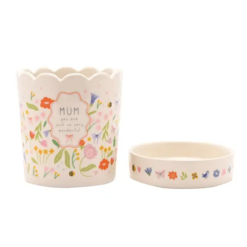 Love Life Mum Plant Pot with Saucer – Floral Ceramic Gift 11cm