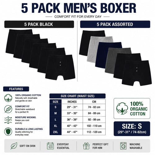 Sock Stack Men's Cotton Button Fly Boxer Shorts Pack Of 5 Breathable Stretch Gym Sports