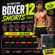 Sock Stack Boxer Shorts 12 Pack Black Cotton Blend Breathable Comfortable Stretch Button
