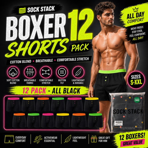Sock Stack Boxer Shorts 12 Pack Black Cotton Blend Breathable Comfortable Stretch Button