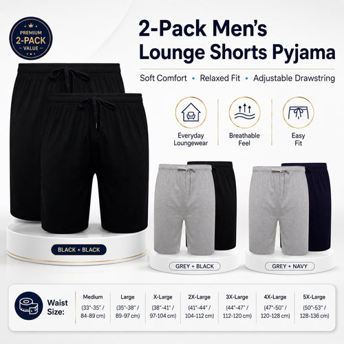 Sock Stack Men's Cotton Lounge Shorts Stretchable 2 Pack Black Navy Grey Durable