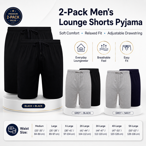 Sock Stack Men's Cotton Lounge Shorts Stretchable 2 Pack Black Navy Grey Durable