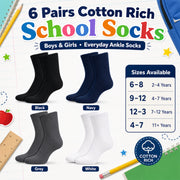 Sock Stack 6 Pairs Kids Cotton Rich School Socks Ankle Breathable Durable Uniform Unisex