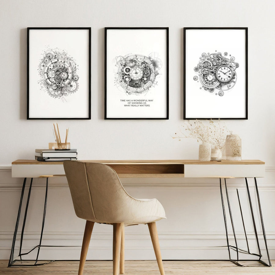 Male Office Decor | Set of 3 Abstract Clocks Wall art Prints