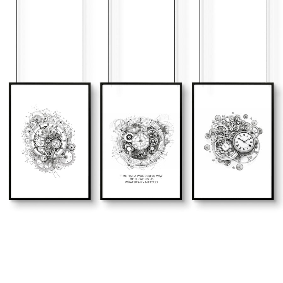 Male Office Decor | Set of 3 Abstract Clocks Wall art Prints