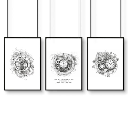Male Office Decor | Set of 3 Abstract Clocks Wall art Prints