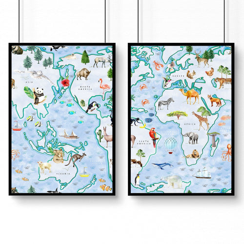 Childrens world map | set of 2 Wall art for Nursery