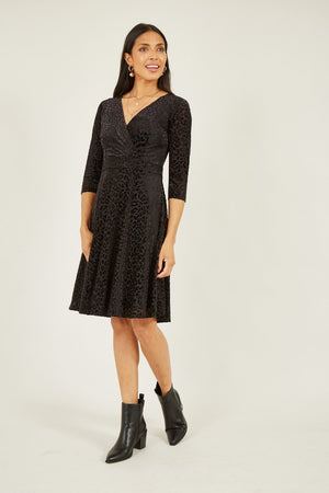 Mela Black Leopard Wrap Skater Dress