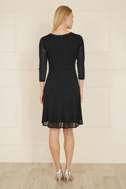 Mela Black Velour Spot 3/4 Sleeve Wrap Skater Dress