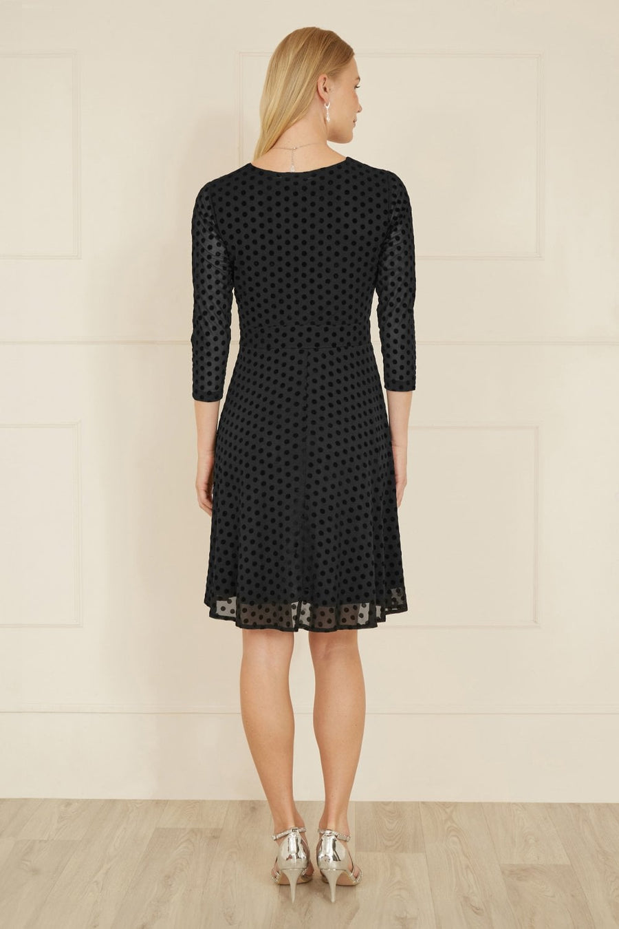 Mela Black Velour Spot 3/4 Sleeve Wrap Skater Dress