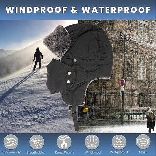 Heatwave Men's 3 In 1 Trapper Hat With Mask Waterproof Faux Fur Lining Ear Flaps Neck