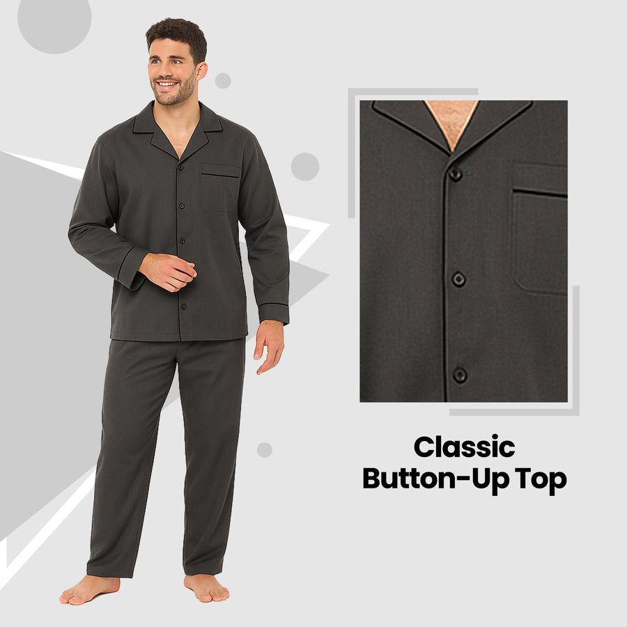 Sock Stack Men's Classic Charcoal Woven Pyjama Set Long Sleeve Button Top And Full Length