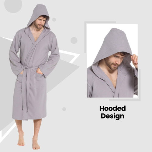Sock Stack Mens Hooded Waffle Cotton Bathrobe Grey 100% Cotton Super Absorbent Super Soft Cosy Dressing Gown