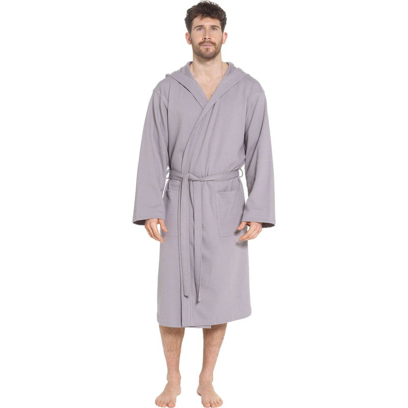 Sock Stack Mens Hooded Waffle Cotton Bathrobe Grey 100% Cotton Super Absorbent Super Soft Cosy Dressing Gown