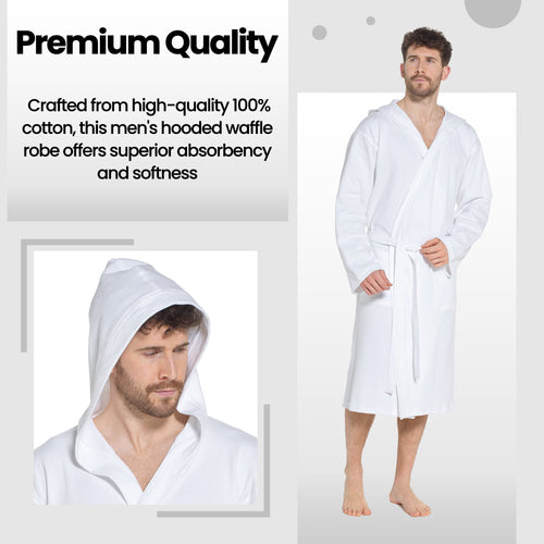 Sock Stack Men’s Hooded Cotton Bathrobe Waffle Knit White Super Absorbent Easy Care