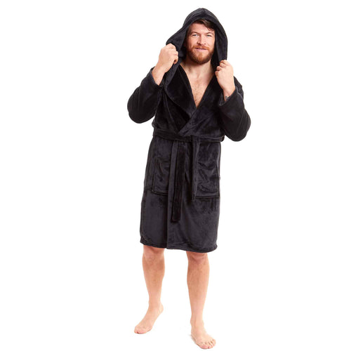 Daisy Dreamer Men's Hooded Plush Flannel Bathrobe Ultra Soft Warm Fleece Dressing Gown