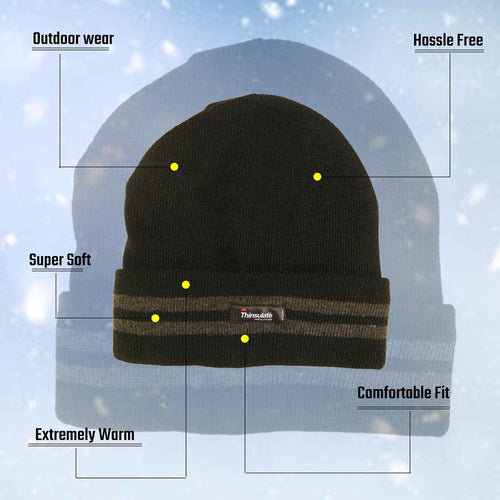 Sock Stack Mens 3M Thinsulate Fleece Knitted Beanie Hat Stripe Thermal Insulation