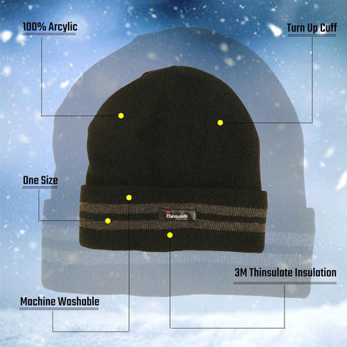 Sock Stack Mens 3M Thinsulate Fleece Knitted Beanie Hat Stripe Thermal Insulation