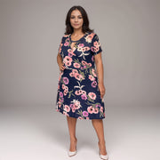 FLORAL SHORT SLEEVE MOCK WRAP SKATER DRESS