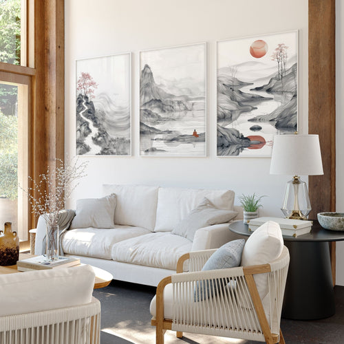 Modern Living Room Art | Set of 3 Asian Inspired Wall art Prints