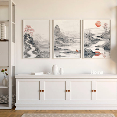 Modern Living Room Art | Set of 3 Asian Inspired Wall art Prints