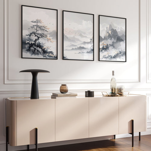 Modern Pictures For Living Room | Set of 3 Asian Inspired Wall art Prints