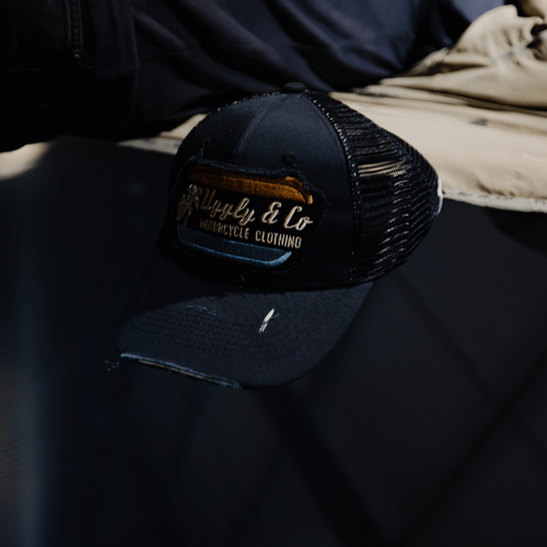 Black Flat Track Trucker Hat