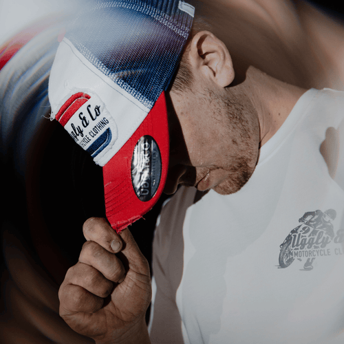 White & Red Flat Track Trucker Hat