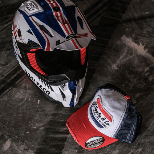 White & Red Flat Track Trucker Hat