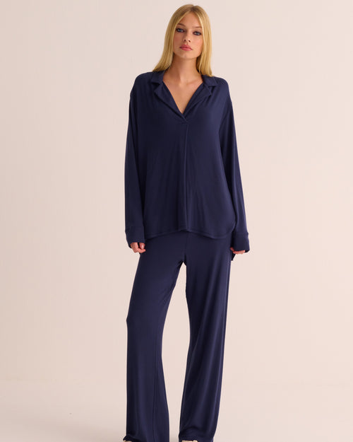 Navy Oversized Retro Ribbed Soft Modal Hero Shirt and Wide Leg Jogger Set