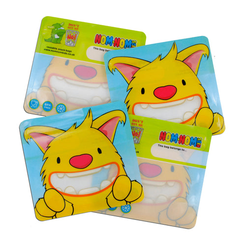 Nom Nom Kids Yellow Monster Reusable Snack Bags 4 Pack Stand Up Design