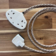 Cream / Linen Braided Fabric Decorative Extension Lead - 2 Gang White Trailing Socket
