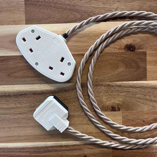 Cream / Linen Braided Fabric Decorative Extension Lead - 2 Gang White Trailing Socket
