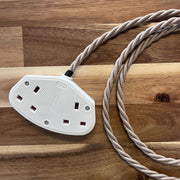 Cream / Linen Braided Fabric Decorative Extension Lead - 2 Gang White Trailing Socket