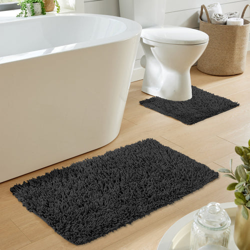 OLIVIA ROCCO Como 2 Piece Black Bath Mat And Pedestal Set Non Slip 100% Cotton Super Soft Easy-Care Home Essential