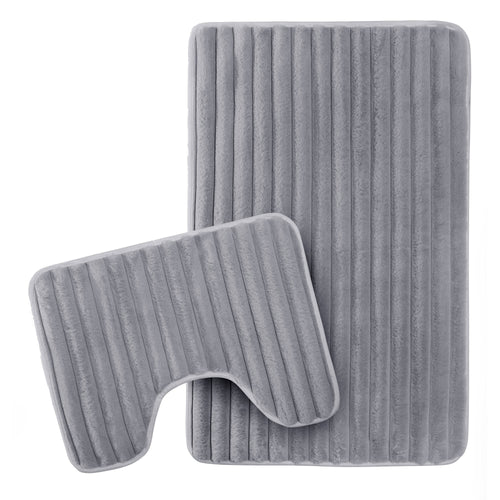 OLIVIA ROCCO 2 Piece Ribbed Bath Mat Set Charcoal Extra Soft Non Slip Super Absorbent