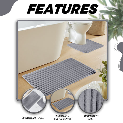 OLIVIA ROCCO 2 Piece Ribbed Bath Mat Set Charcoal Extra Soft Non Slip Super Absorbent