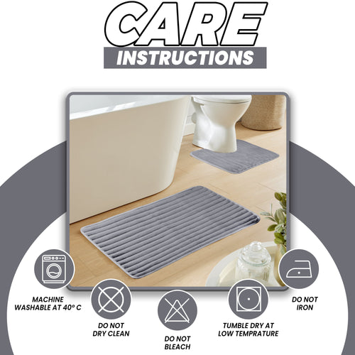 OLIVIA ROCCO 2 Piece Ribbed Bath Mat Set Charcoal Extra Soft Non Slip Super Absorbent