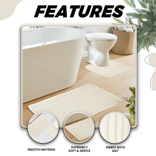 OLIVIA ROCCO 2 Piece Ribbed Bath Mat Set Cream Extra Soft Non Slip Super Absorbent Easy