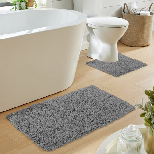 OLIVIA ROCCO Como 2 Piece Grey Bath Mat And Pedestal Set Non-Slip Super Absorbent Cotton Easy-Care Hotel-Quality Textile