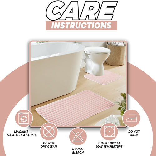 OLIVIA ROCCO 2 Piece Ribbed Bath Mat Set Pink Extra Soft Non Slip Super Absorbent