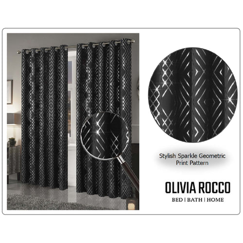 OLIVIA ROCCO Geometric Sparkle Blackout Curtains Black Thermal Insulated Eyelet Ring Top