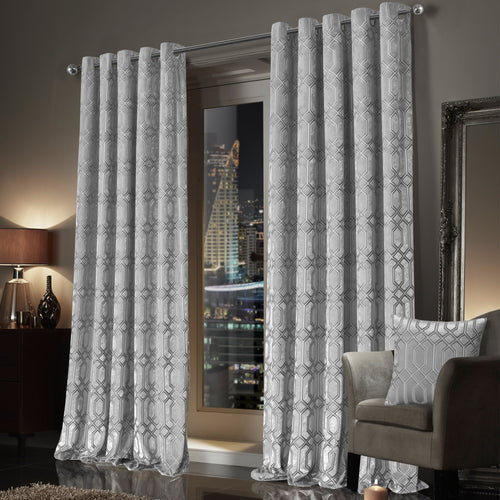 OLIVIA ROCCO Luxe Geo Velvet Eyelet Curtains Grey Thermal Insulated Soundproof Easy-Fit Ready Made Window Pair